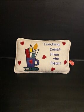Russ Cream Pillow with Red Hearts and Blue Cup Design